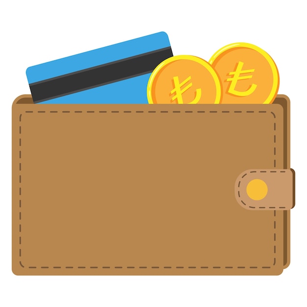 Wallet with Turkish lira coins and credit card Flat vector illustration