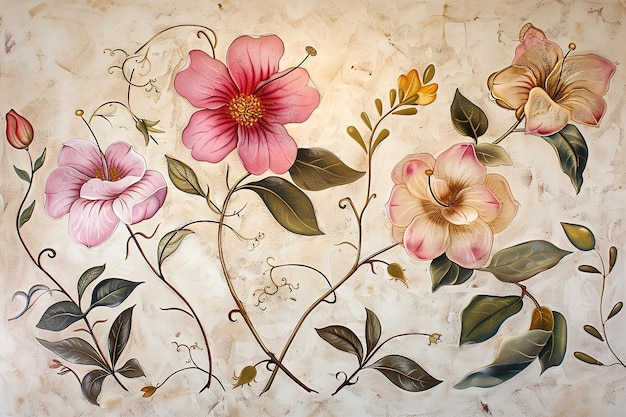 a wallpaper with flowers and leaves and a heart