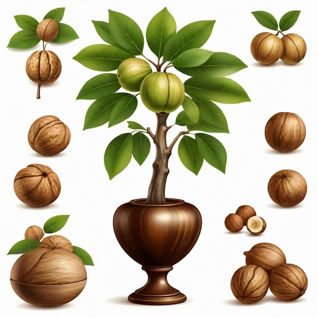 Vector walnut tree in vase vector set white background isolated a high