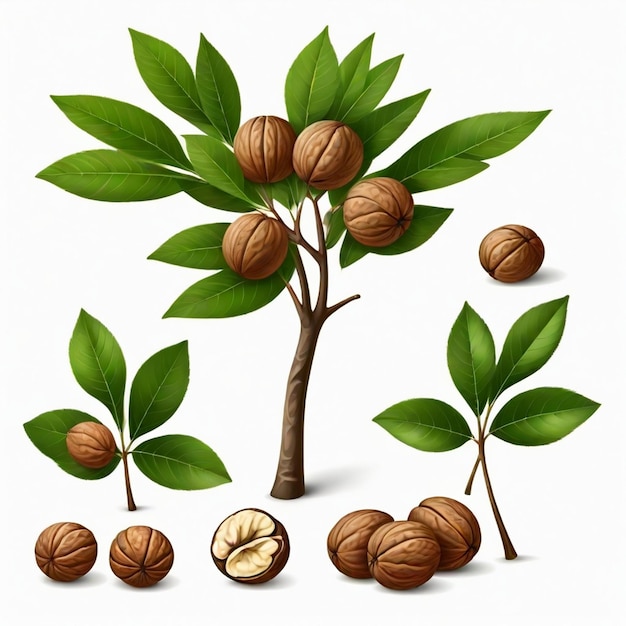 Vector walnut tree vector set white background isolated a high quality n