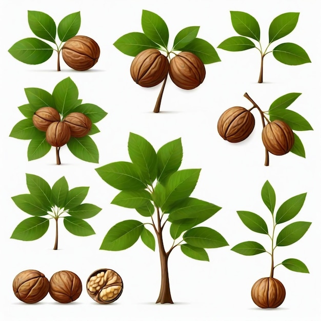 Walnut Tree vector set white background isolated a high quality n