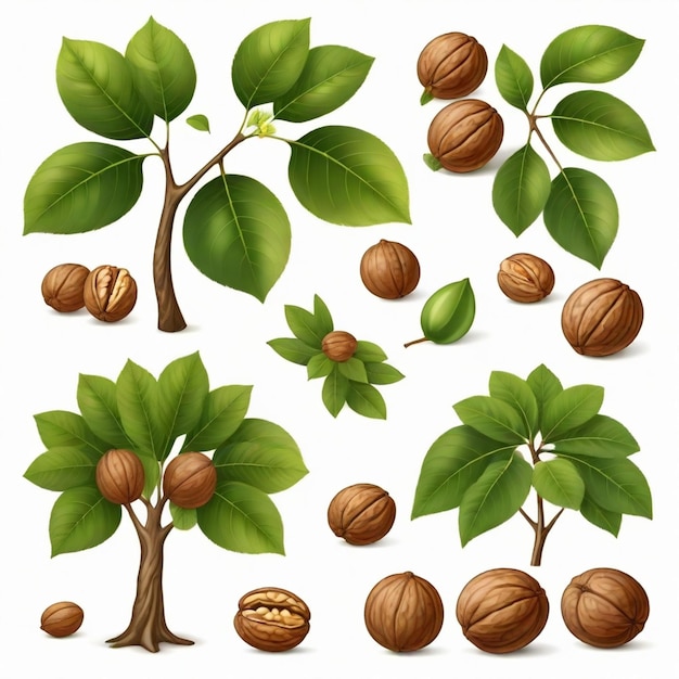 Vector walnut tree vector set white background isolated a high