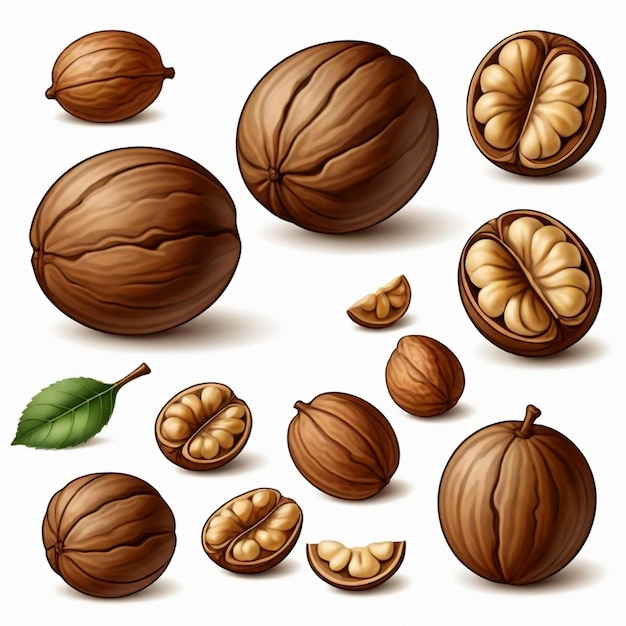 Vector walnut vector set white background isolated a high quality