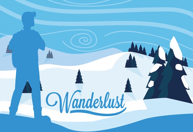 Wanderlust poster with traveler and snowscape illustration