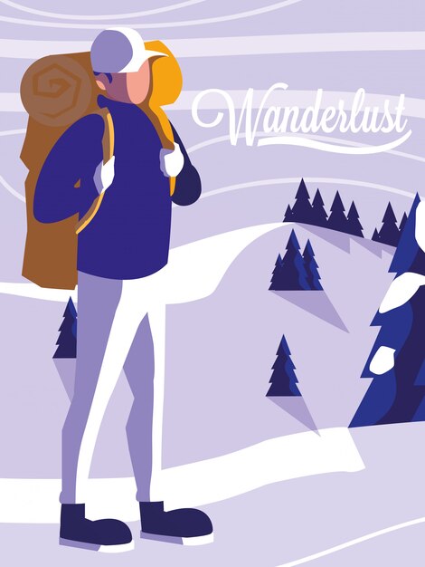 Wanderlust poster with traveler and snowscape illustration