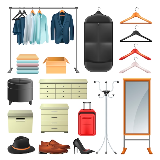 Wardrobe clothes and boxes or hangers vector icons collection set