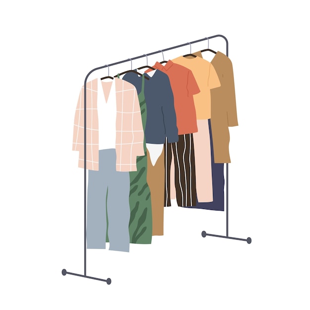 Wardrobe of modern women clothing hanging on floor hanger rack. Assortment of casual apparels. Collection of stylish summer garments. Flat vector illustration isolated on white background.