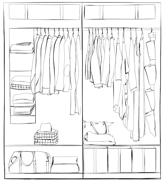 Wardrobe sketch Clothes on the hangers Hand drawn illustration