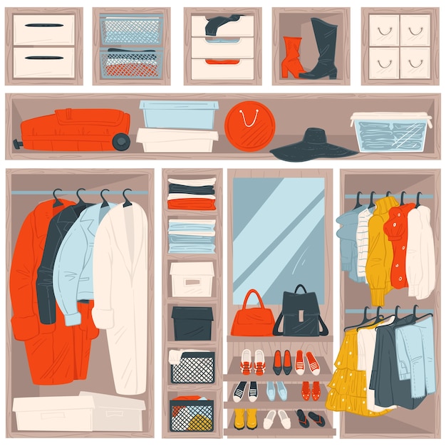 Wardrobe with clothes clothing and accessories on shelves