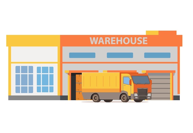 Vector warehouse building with gates. storage of goods. cargo truck car delivery.