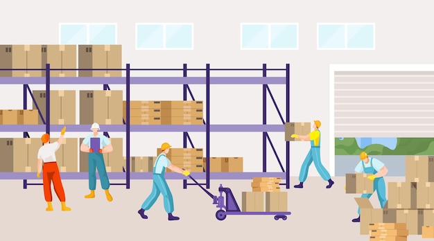 Warehouse business company people character together flat illustration