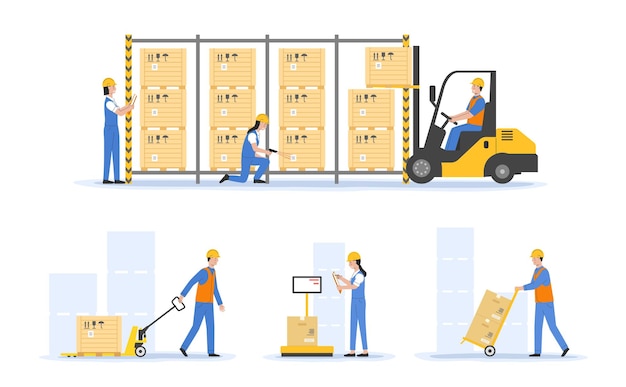 Vector warehouse and cargo goods concept workers in uniform loading goods with forklift and pallet jack scan barcode with scanner weighing woods on scales linear cartoon flat vector illustrations set