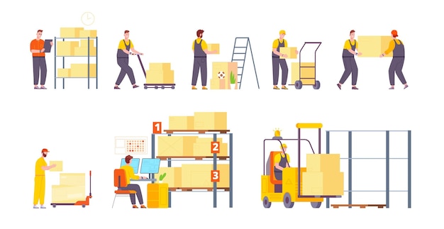 Warehouse employees Storehouse workers people work in storage worker on forklift for stock box carrying load cargo freight transport logistic service vector illustration of warehouse employee