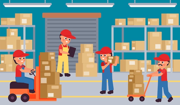 Warehouse interior Cargo loading office delivery logistic service Cartoon workers with boxes factory with pallets and packaging decent vector illustration