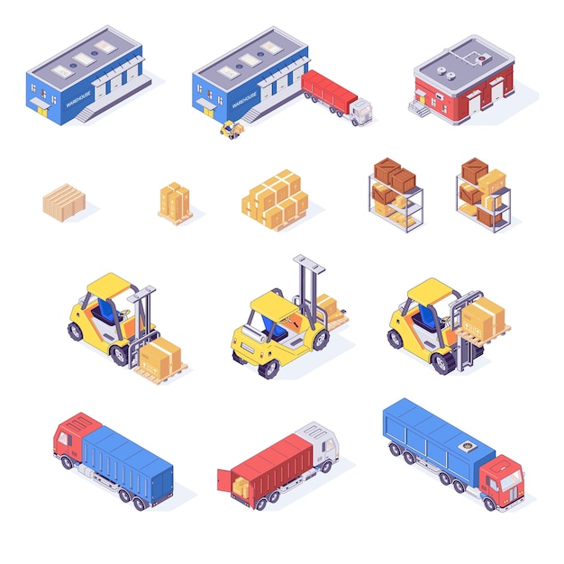 Warehouse isometric set of boxes pallets cargo goods trucks forklifts illustration