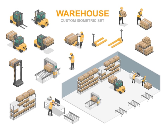 warehouse isometric set management iot system for factory shipment  forklift worker and goods vector