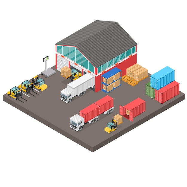 Warehouse in isometric view. Containers for transportation. Loading of cargo. Delivery truck. Forklift with boxes. Vector illustration.