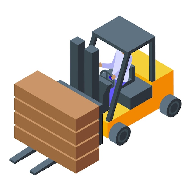 Vector warehouse worker driving forklift carrying lumber wood planks