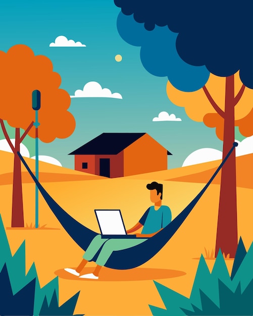 On a warm afternoon the digital nomad works on their laptop from a hammock strung up between two