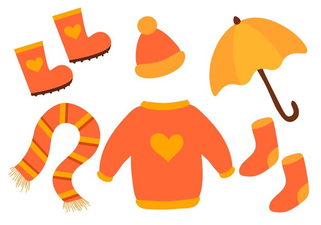 Vector warm autumn clothes knitted sweater hat scarf and socks umbrella rubber boots design elements