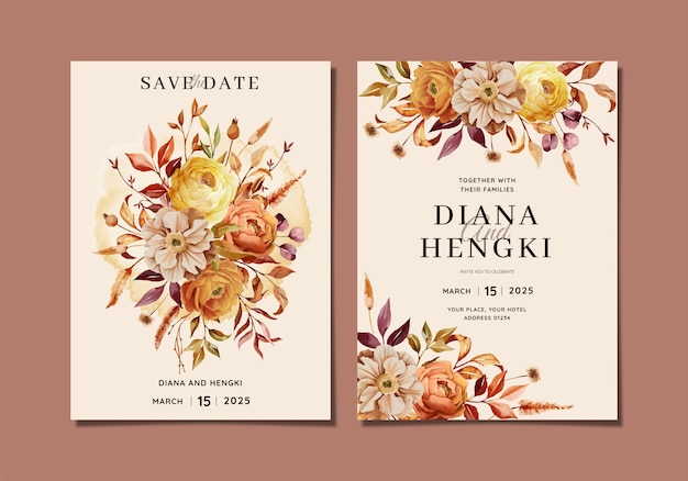 warm autumn floral watercolor wedding invitation