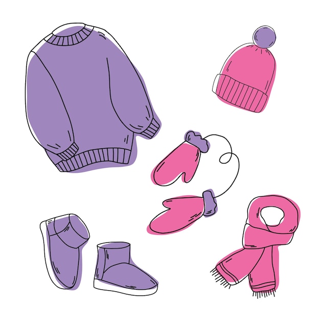 Warm clothes Knitted sweater hat scarf and ugg boots. Doodle winter clothes vector collection