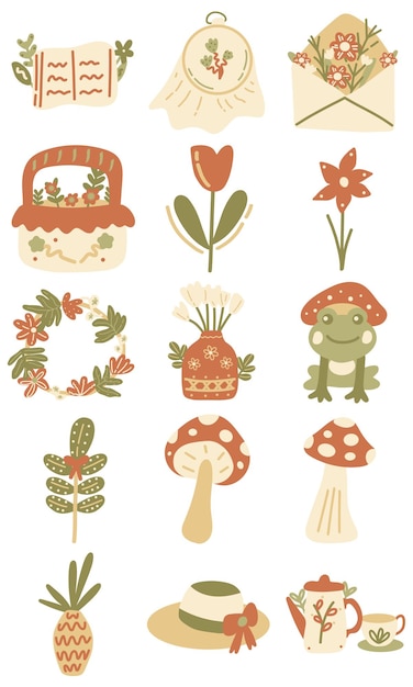 Vector warm cottagecore illustration set