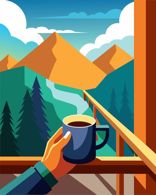 Vector a warm cup of coffee in hand as you step onto your balcony taking in the crisp mountain air vector