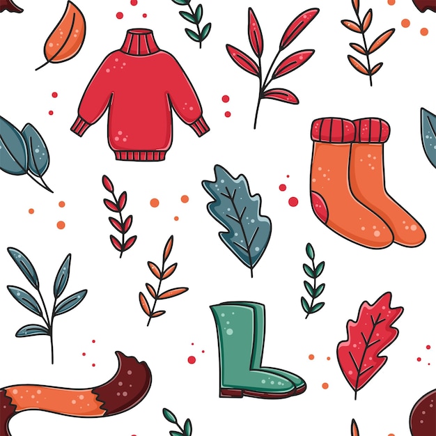 Warm knitted clothes and shoes seamless autumn pattern Background with sweater scarf socks