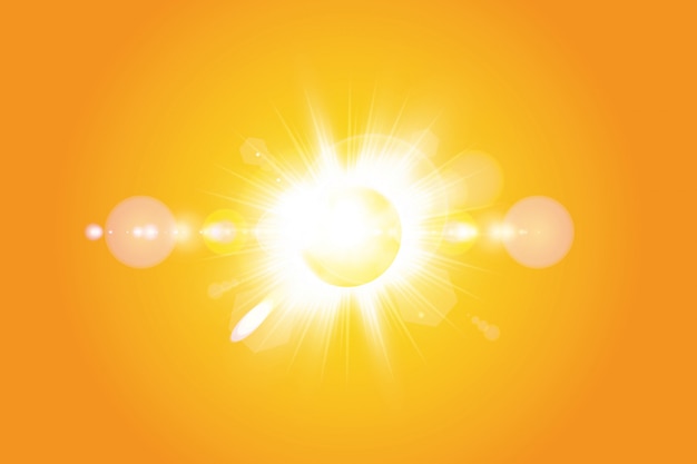 Vector warm sun on a yellow background. summer. glare. solar rays.