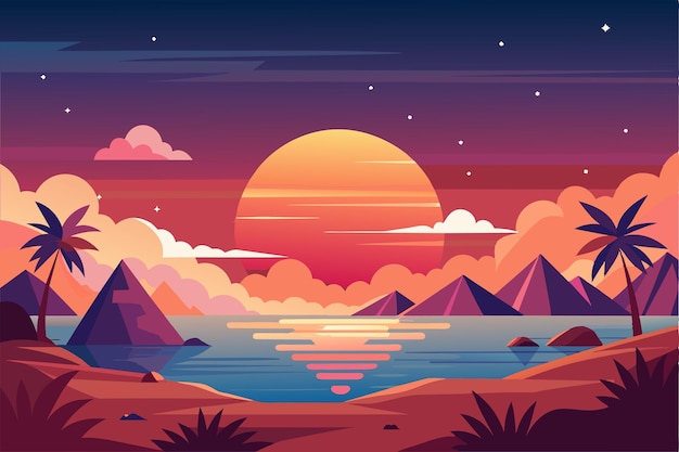 The warm sunset casts colorful reflections on the water framed by mountains and swaying palm trees along the shore Sunset Customizable Flat Illustration