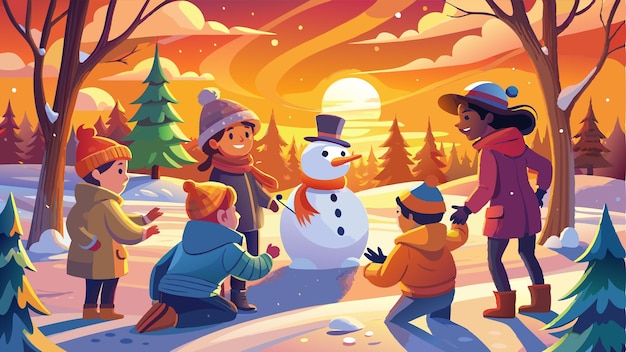 Vector warm toned scene of children building snowman in winter park bathed in the golden light of setting sun