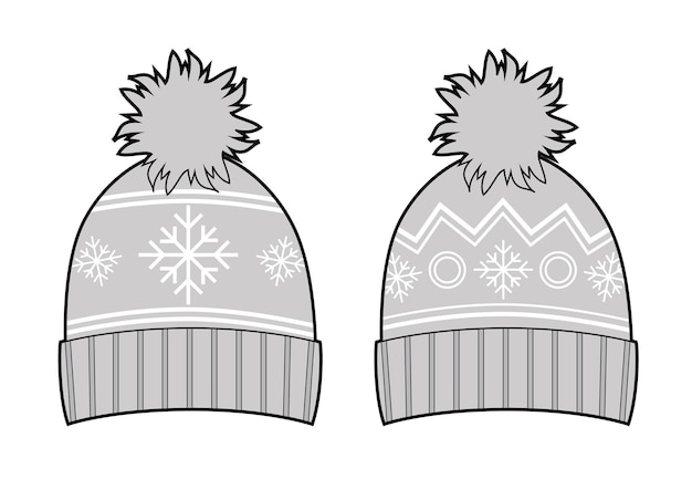 Warm winter hats with pompom linear illustration for coloring A hats with a snowflake pattern