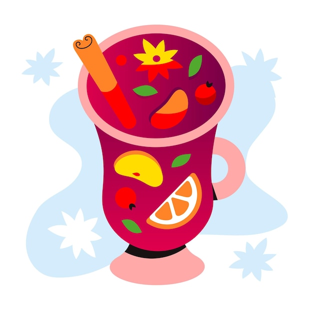 Vector warming mulled wine in a glass. fruit sangria, punch, grog in a mug. christmas drink for the menu