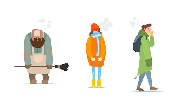 Warmly dressed people janitor girl and young man in winter clothes vector Illustration isolated on a white background