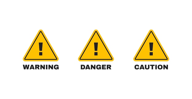 Warning danger and caution badges set Attention labels with Exclamation mark on triangle Vector illustration