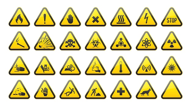 Warning Hazard Signs Danger icon set in yellow triangle Poison toxic biohazard caution and others