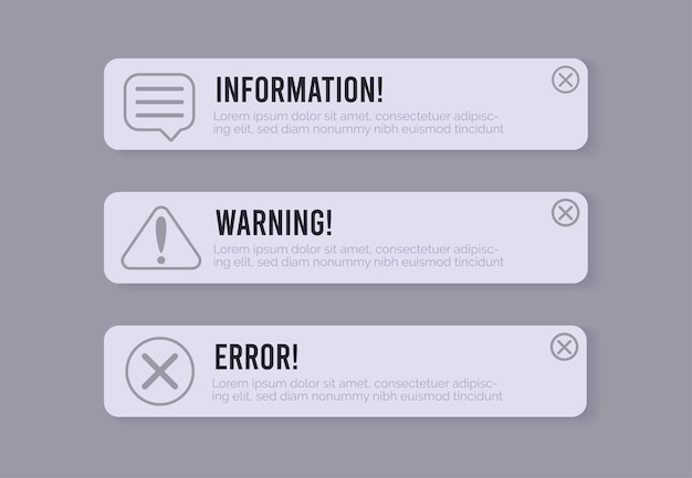 Warning information and error popup messages for mobile app design Alert ui box