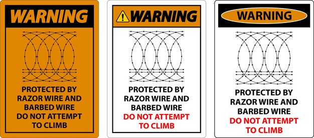 Vector warning protected by razor wire and barbed wire do not climb sign