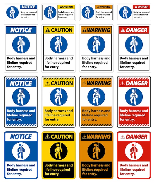 Vector warning sign body harness and lifeline required for entry