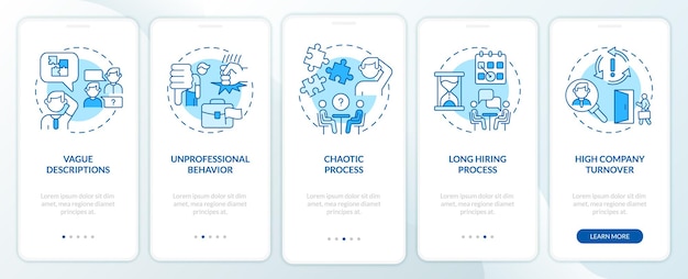 Warning signs in recruitment interview blue onboarding mobile app screen Walkthrough 5 steps graphic instructions pages with linear concepts UI UX GUI template Myriad ProBold Regular fonts used