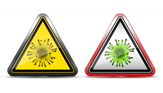  warning signs of virus.  icon illustration on white background. In metal and red border.