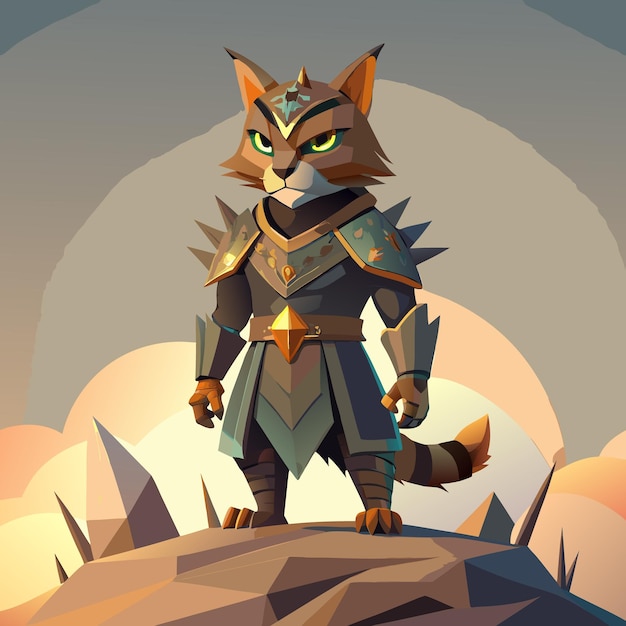 a warrior cat in armor standing proudly on a hill