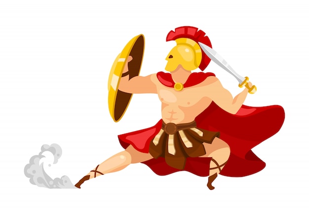 Warrior flat illustration. Theseus in armor. Gladiator with shield and sword. Greek mythology. Fighter in action pose. Man in defense stance isolated cartoon character on white background