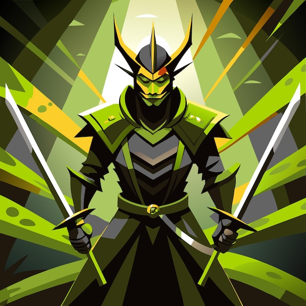 Vector a warrior in green armor with two swords drawn standing in a dark forest illuminated by a bright light