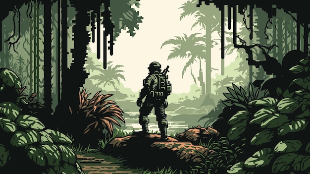 warrior in the jungle with a machine gun in his hand vector illustration