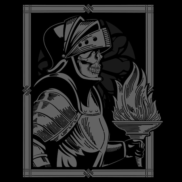 Warrior skeleton in knights armor with a torch in a vintage medieval frame