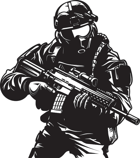 Warrior Stance Black Iconic Soldier with Gun Emblem in Vector Armed Vigilance Vector Black Icon Des