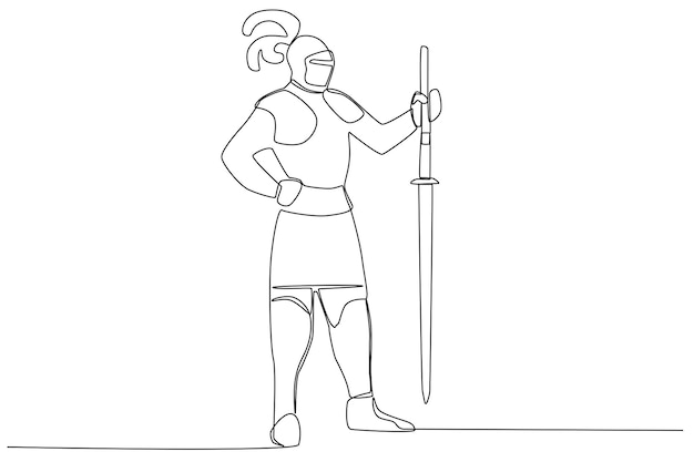 A warrior stood up brandishing a sword downwards Ancient warrior oneline drawing