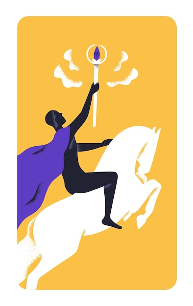 Vector warrior winner on horse, holding sacred holy wand. victory, concept metaphor card. mysterious secret character riding horseback, supernatural power and triumph symbol in hand. flat vector illustration